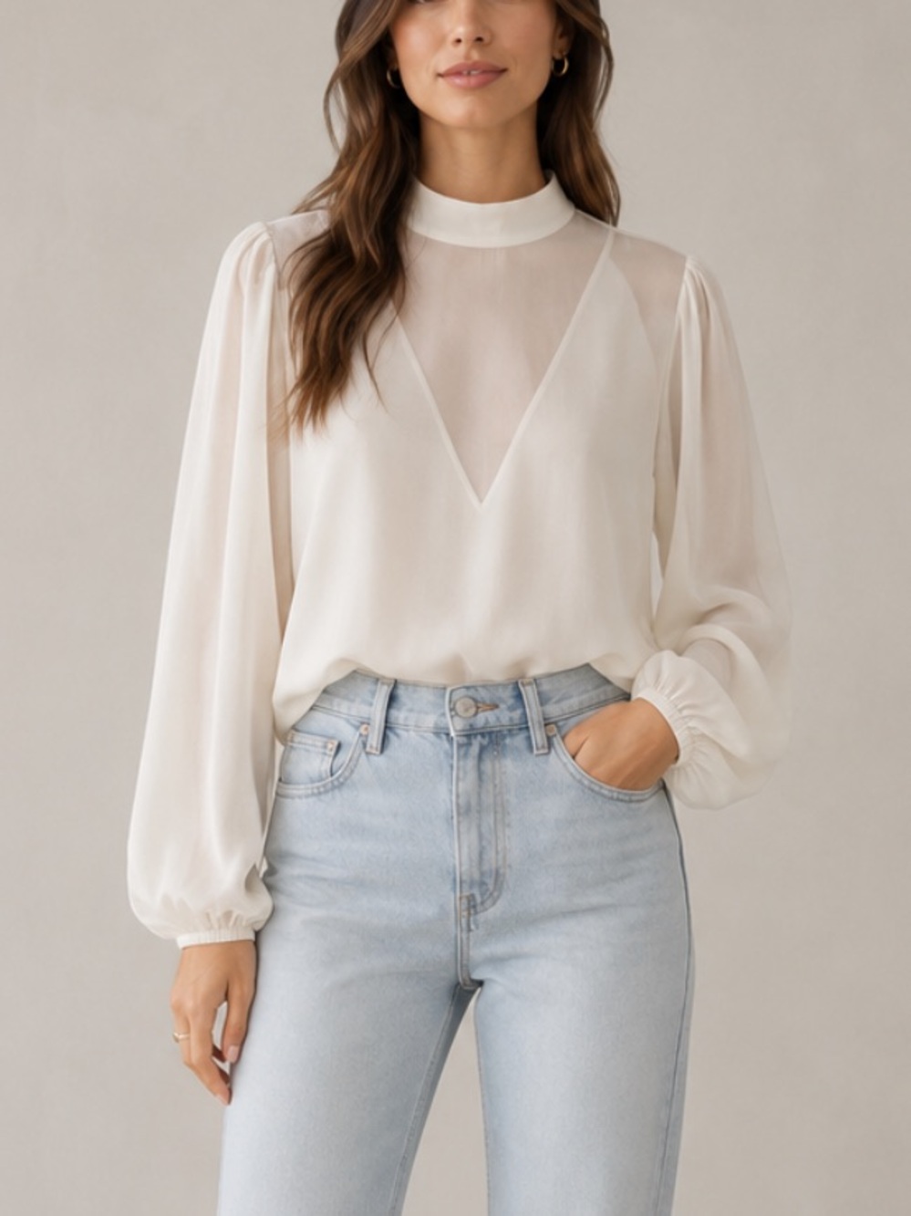 Line & Dot Ivory Sheer Long Sleeve Blouse